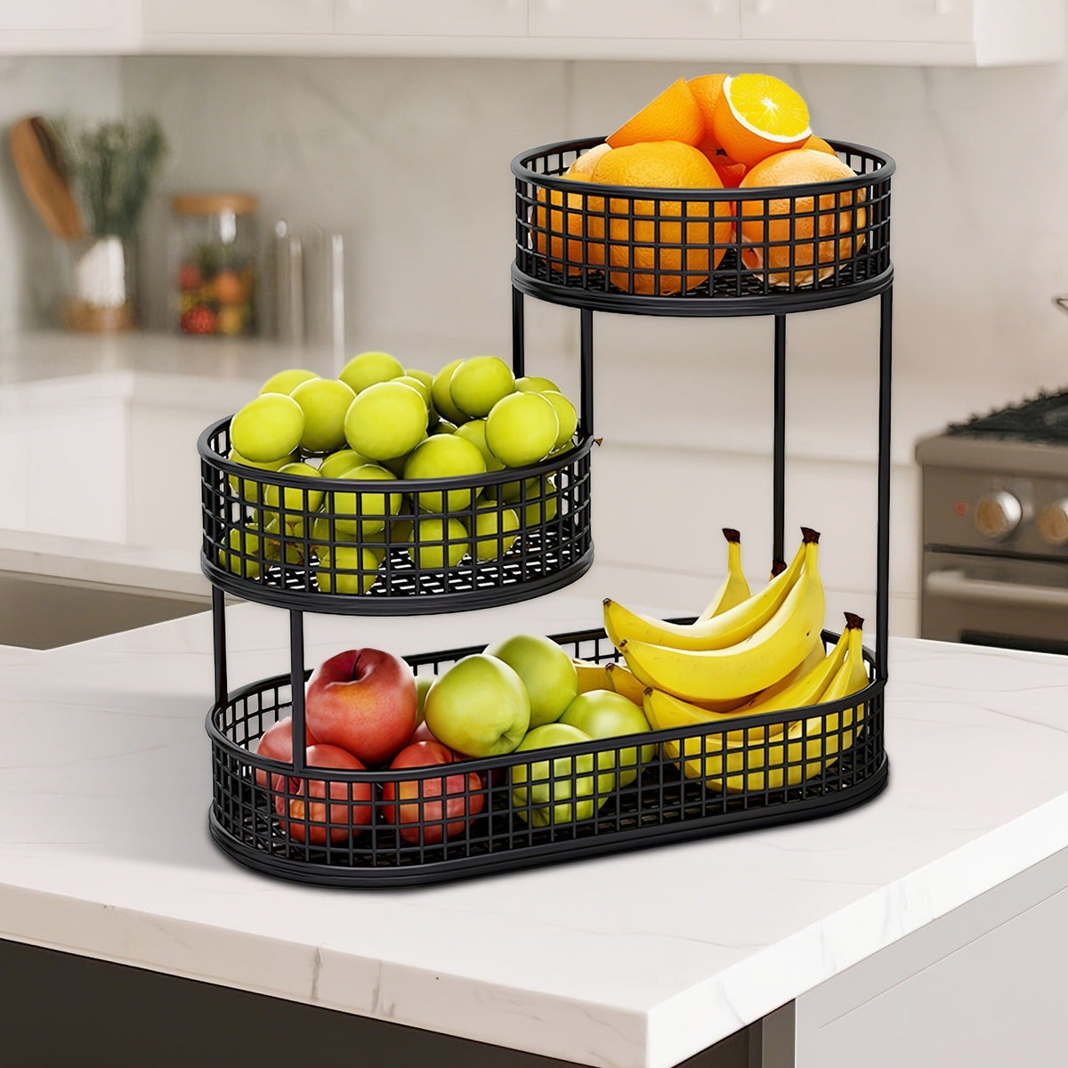 Three-Tier Black Wire Fruit Basket with Staggered Round Bowls and Rectangular Countertop Base — image 6