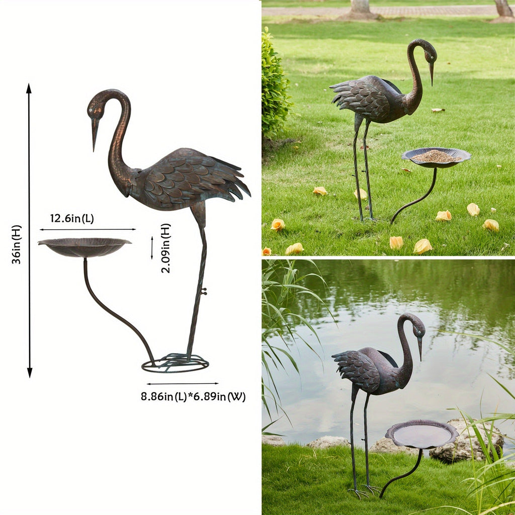 36-Inch Crane Sculpture Bird Bath Set with Separate 12.6-Inch Basin and Garden Stakes for Yard Decor — image 6