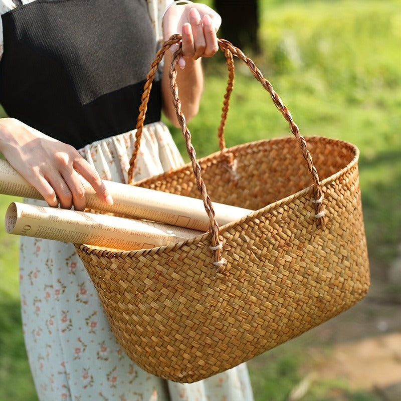 Large Woven Straw Picnic Tote Basket with Long Handles, Open Top Natural-Color Outdoor Carry Design — image 6