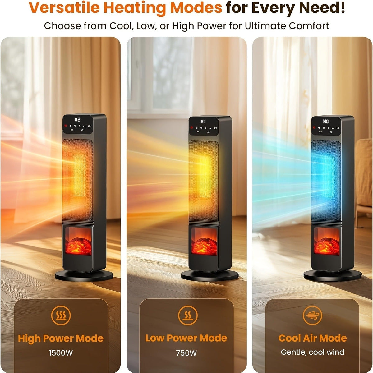 Electric Fireplace Space Heater 1500W, Portable Indoor Heater with 3D Flame Effect, 12H Timer, Heating & Fan Modes for Home &