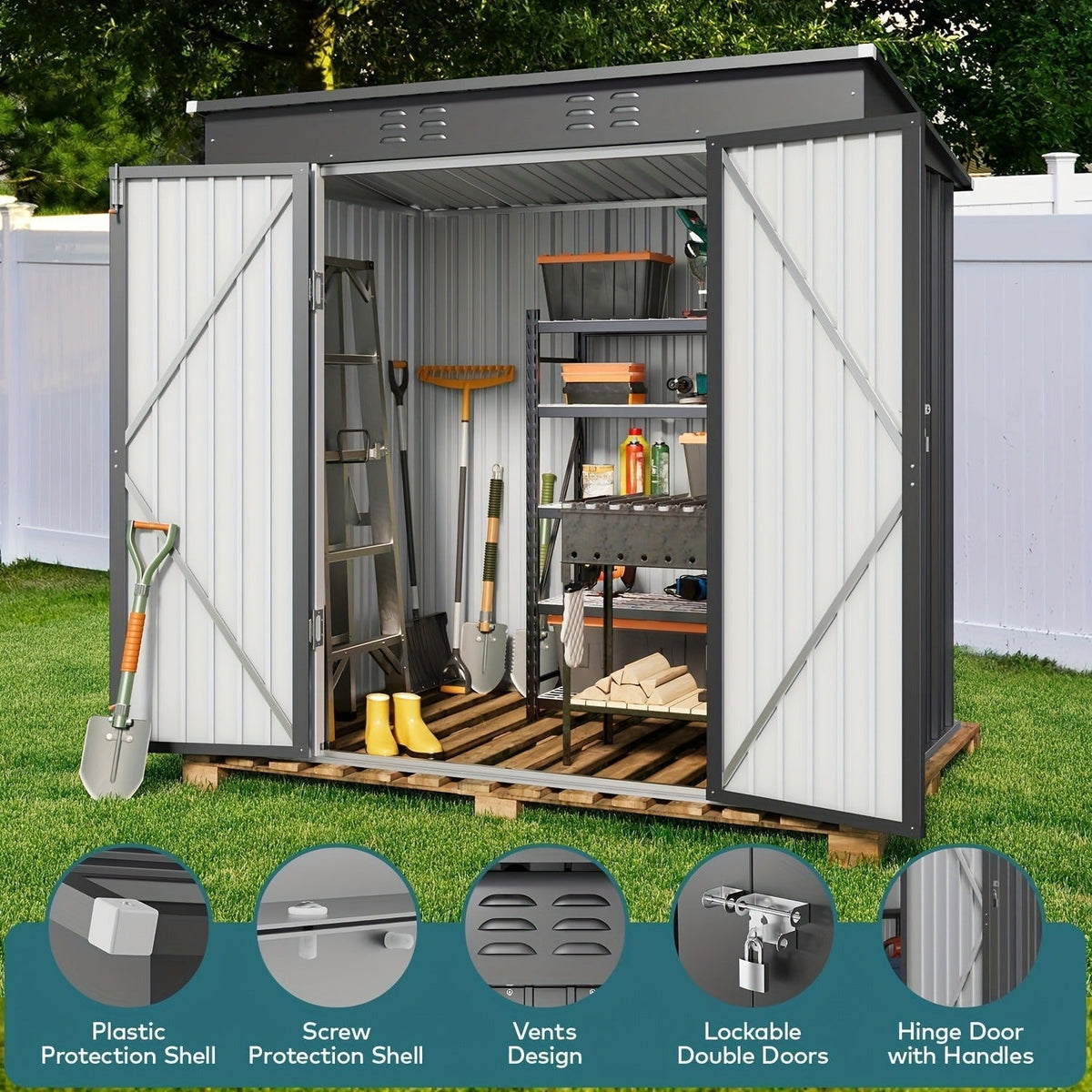 Metal Outdoor Storage Shed with Double or Single Doors in Grey, Green or Brown Checkout Models — image 6