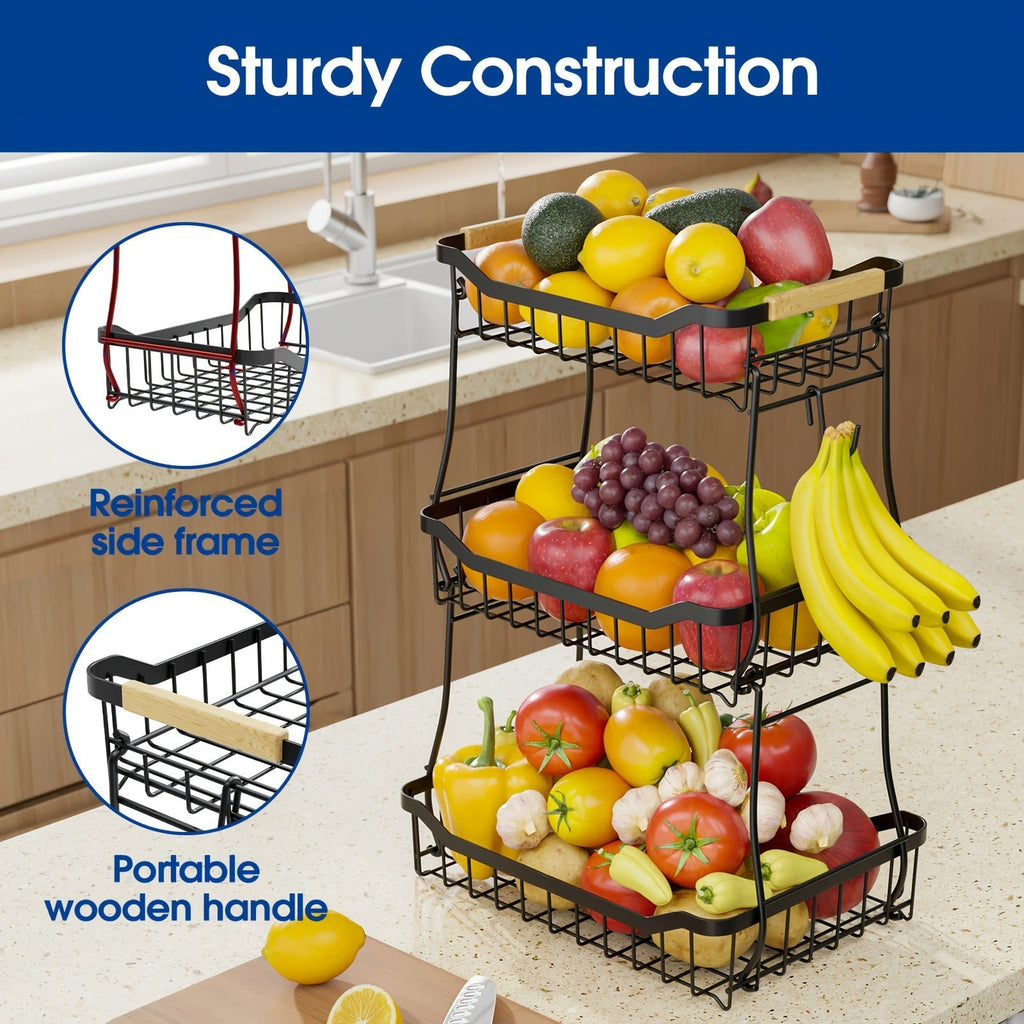 Tiered Fruit Basket Kitchen Organizer with Banana Hook, Removable 2 or 3 Metal Baskets and Wood Handle — image 7