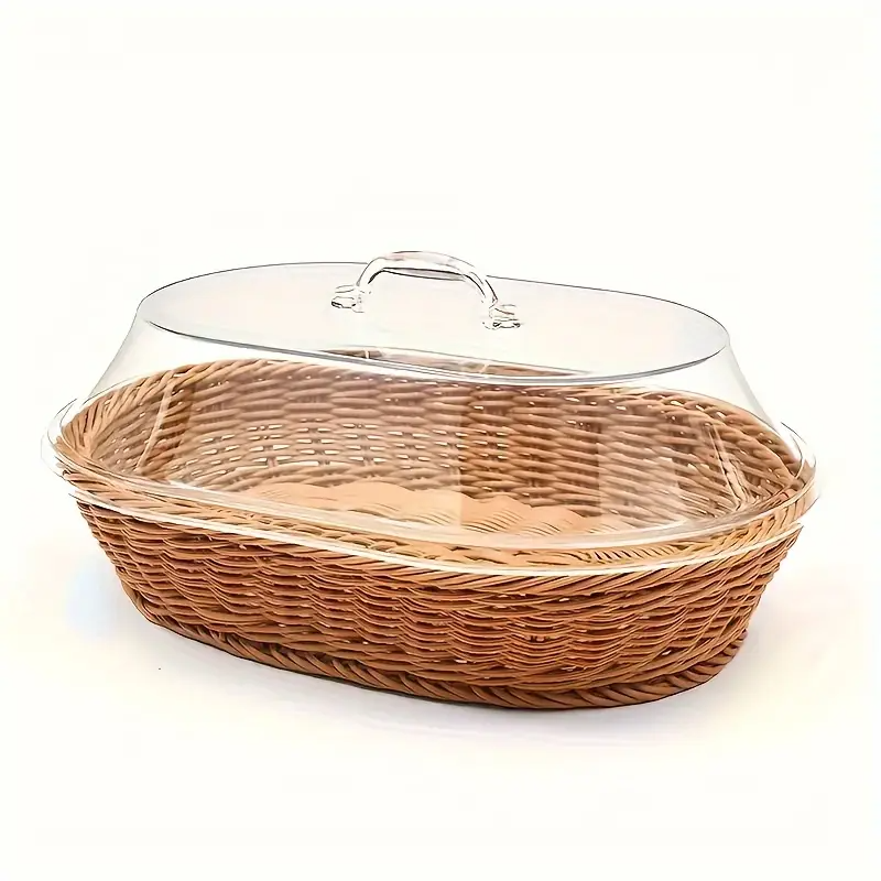 Wicker Bread Basket with Clear Acrylic Lid Rattan Storage Basket Washable Food Tray for Bread Fruit Desserts Kitchen Picnic H