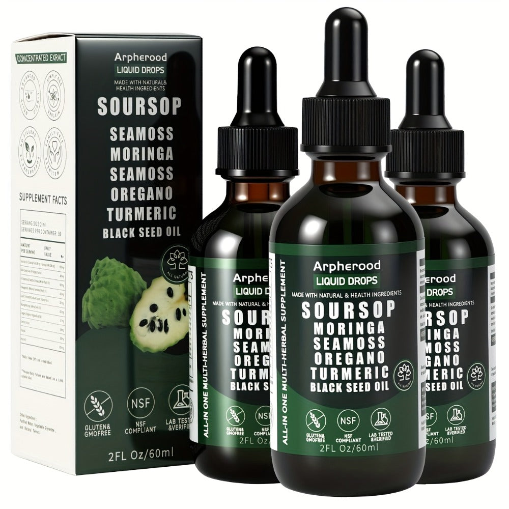Soursop Graviola Liquid Drops 2 Fl Oz, Leaf & Fruit Blend with Sea Moss, Elderberry & Black Seed Oil — image 1