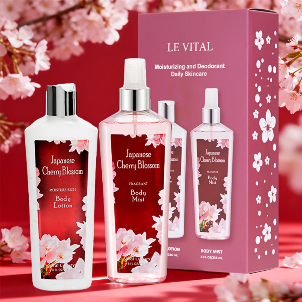 Cherry Blossom Gift Set for Women Body Lotion and Body Mist Japanese Sakura Fragrance Moisturizing Softening Skin Care Set — 