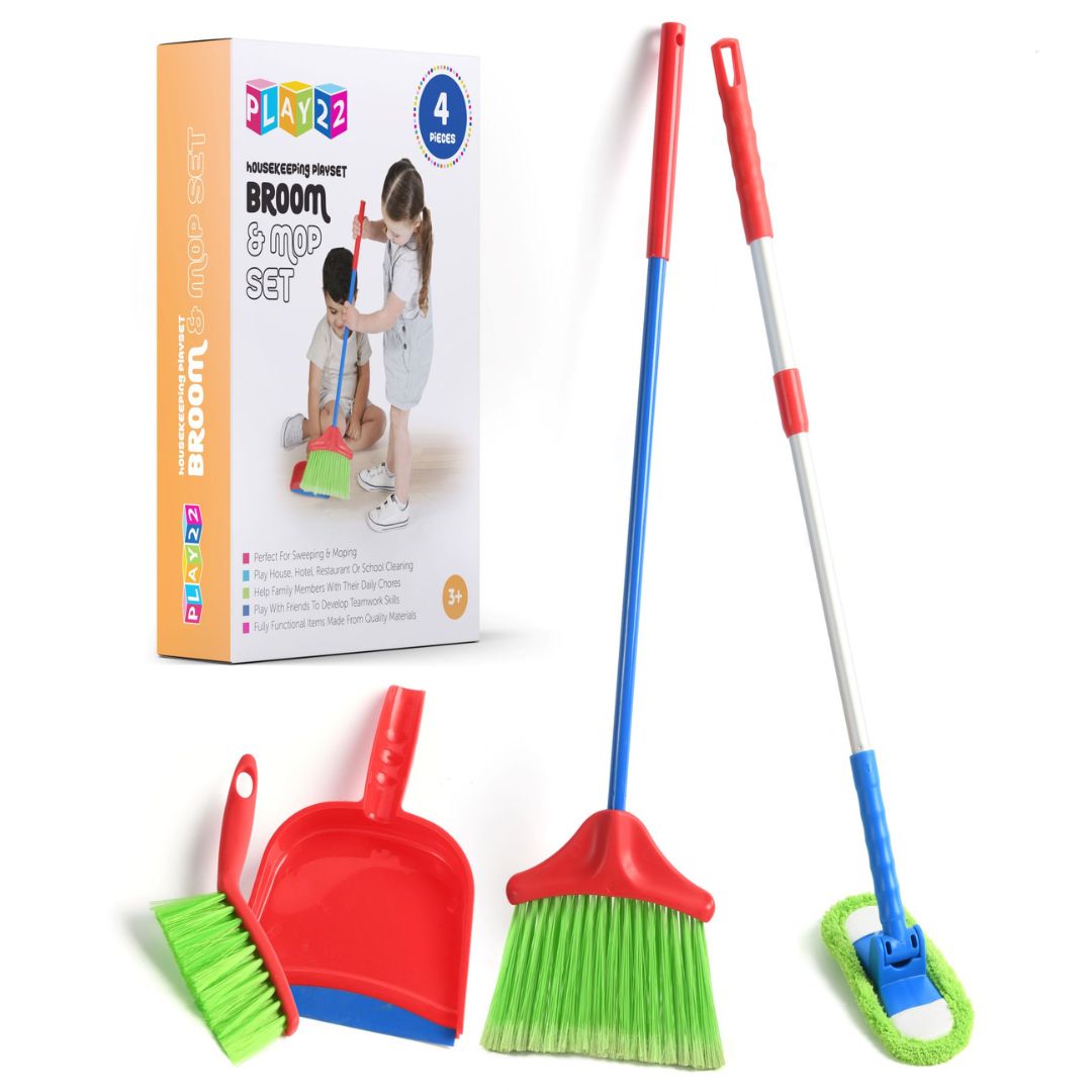 Kids Cleaning Set 4 Piece Toy Broom Mop Brush Dustpan, Pretend Play Housekeeping Kit for Toddlers Boys Girls — image 1
