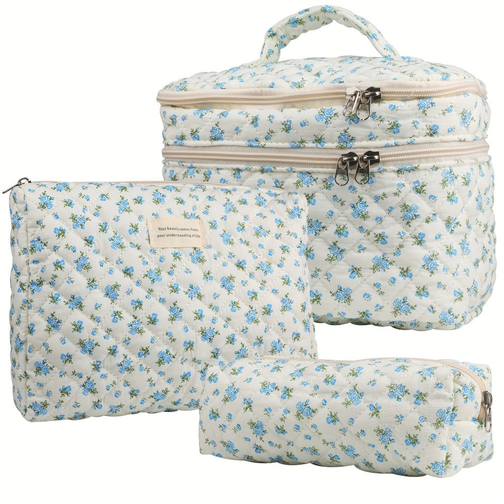 Makeup Bag Three-Piece Quilted Cotton Dual-Layer Floral Pouch Set for Travel, Vanity and Everyday Beauty Storage — image 8