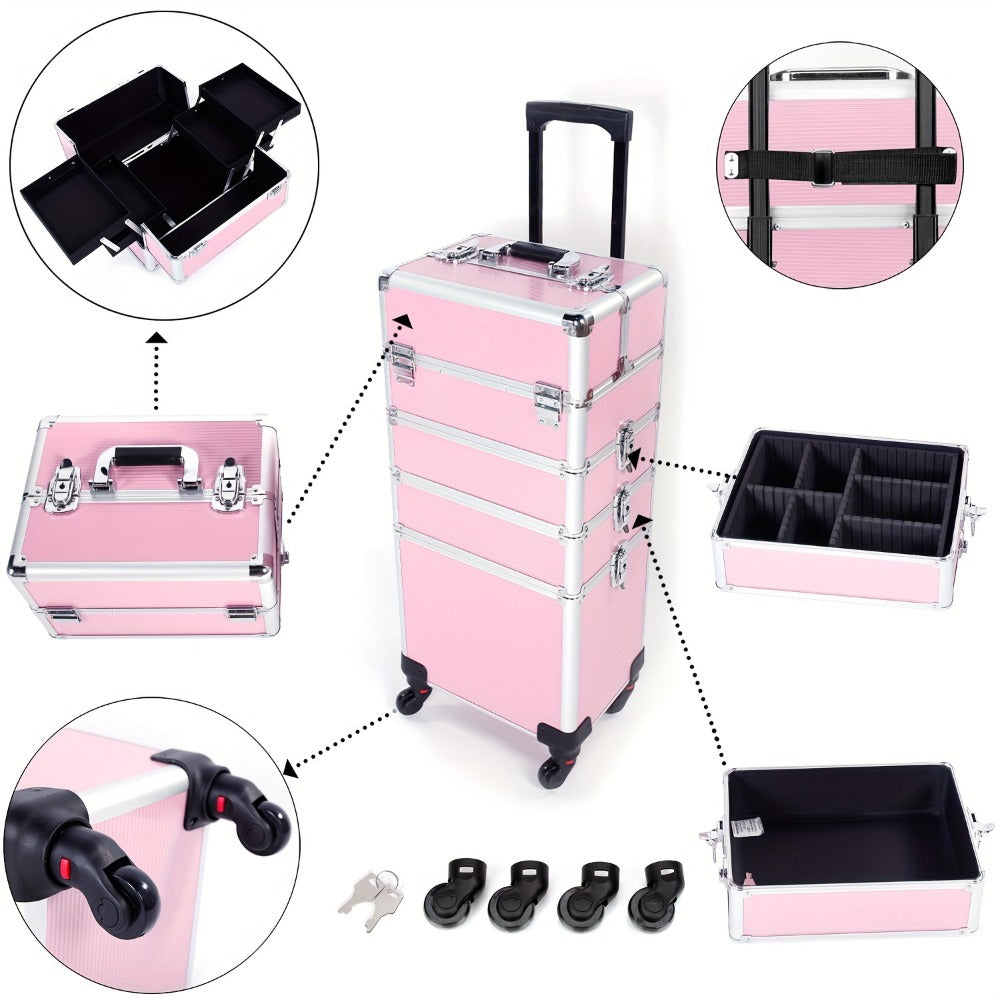 Rolling Makeup Case Aluminum 4-in-1 Extra Large Professional Cosmetic Trolley with 360° Swivel Wheels for Makeup Artist Tatto