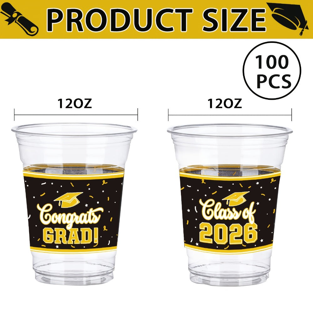 Graduation Plastic Mugs 100 Pack 14oz, 2026 Graduation Party Cups in Black Red Blue Green Purple Maroon for Graduation Ceremo