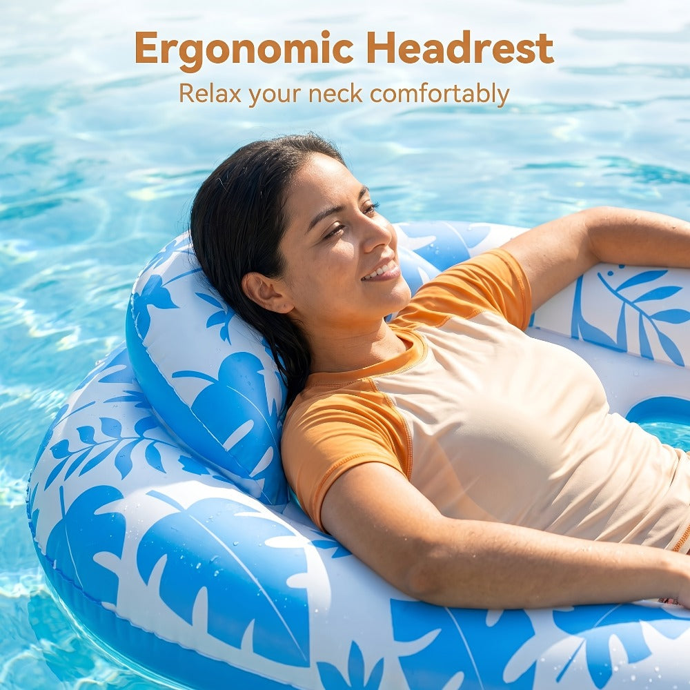 Blue-and-White Inflatable Pool Lounger with Backrest, Cup Holder and 77 x 50-Inch Pictured Size — image 8