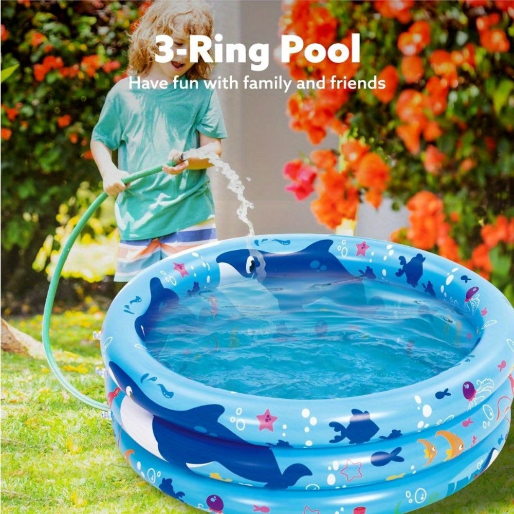 Whale Inflatable Kiddie Pool 34 Inch for Toddlers & Dogs, 3-Ring Ocean Pattern Baby Pool, Portable Backyard Water Play Pit — 