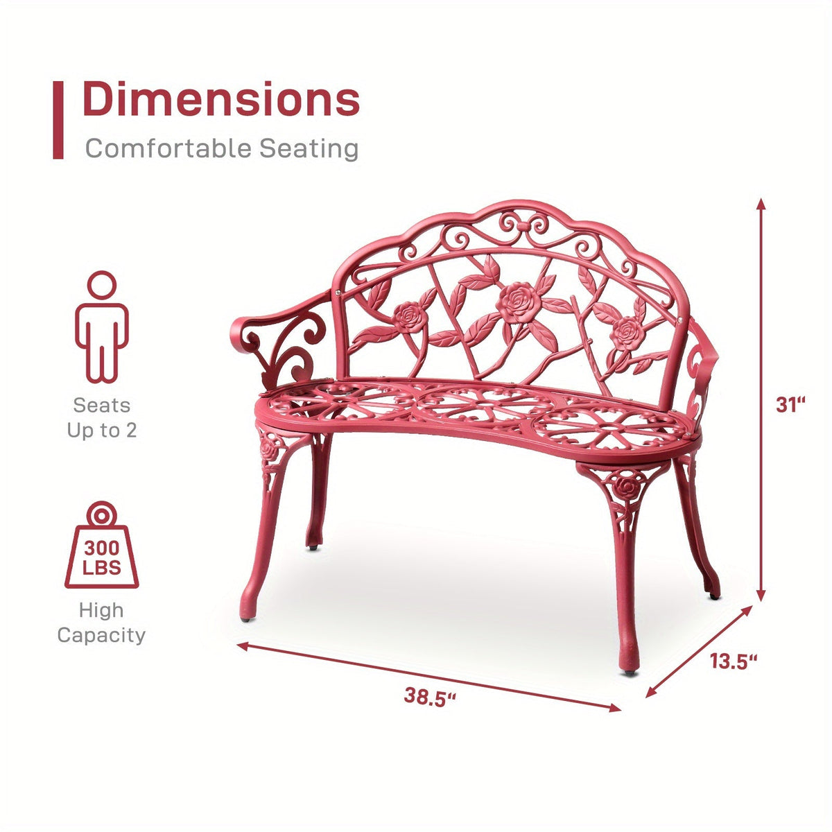 Floral Metal Outdoor Bench with 38.5in Rose-Pattern Seat and Back, Curved Arms and Four Color Options — image 6