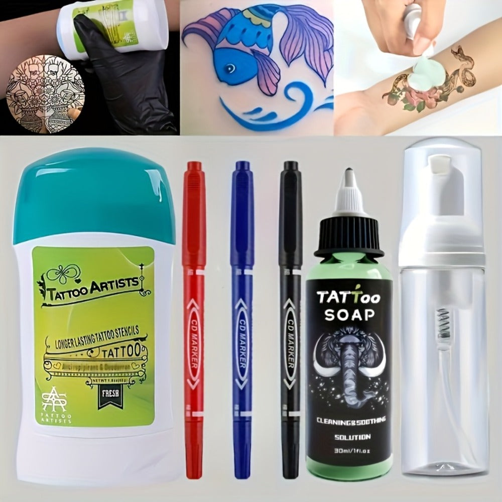 Tattoo Transfer Kit Complete Set with Ink Gel Green Soap Solution & Stencil Markers for Temporary Body Art, Festivals and Cos