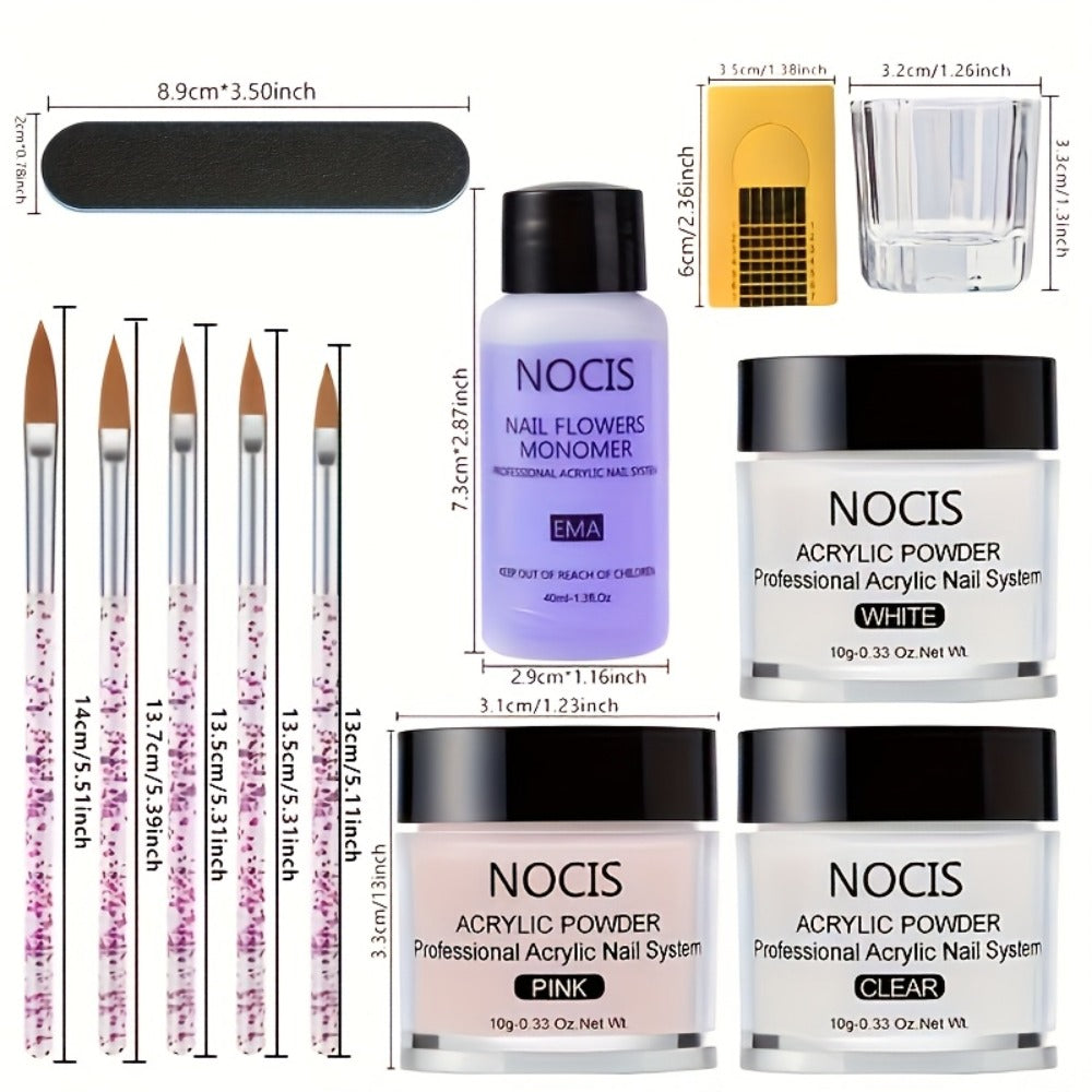 Acrylic Nail Kit NOCIS Clear, Pink and White Powder Set with Liquid Monomer, Five Brushes, File and Mixing Cup — image 4