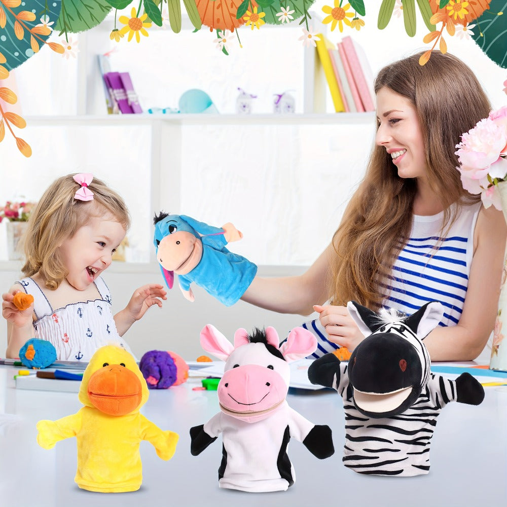 Four-Piece Animal Hand Puppet Set with Blue Donkey, Yellow Duck, Zebra and Pink Cow Designs — image 3