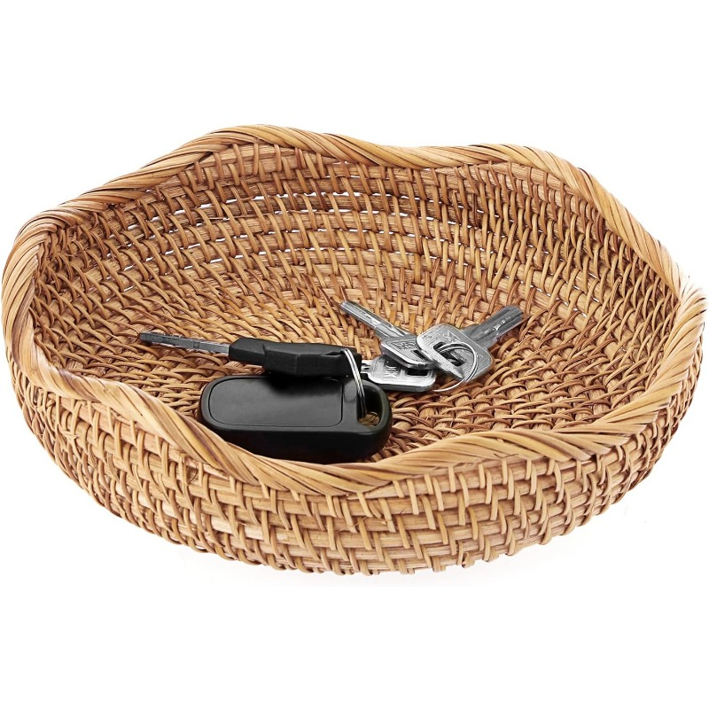 Rattan Tray Bowl – 8.5 Inch Hand Woven Natural Wicker Basket Tray for Fruit, Bread, Keys, Tabletop Decor, Kitchen, Entryway &