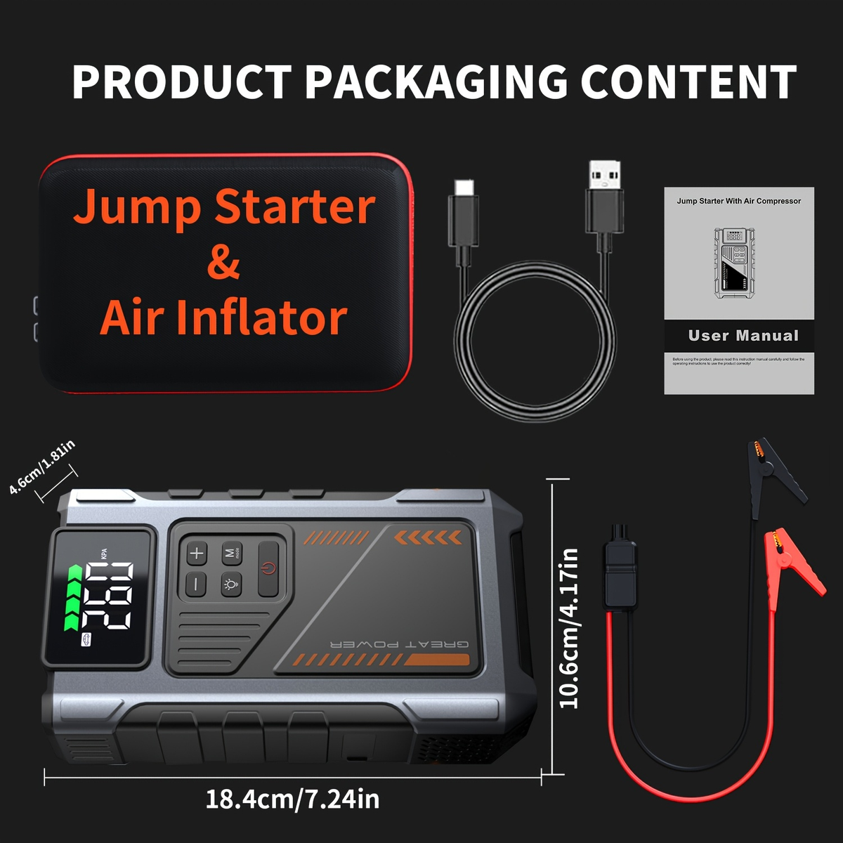 Jump Starter with Air Compressor 5000A Peak 150PSI Tire Inflator 5-in-1 Portable Car Battery Jump Pack for Garden, Patio and 