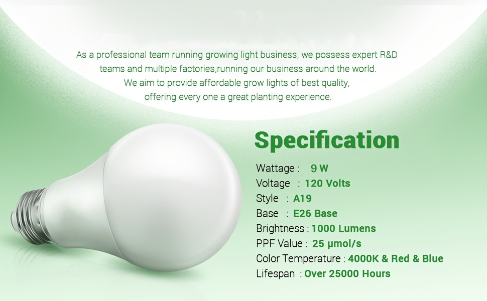 Grow Light Bulb A19 E26 Full Spectrum 9W 100W Equivalent | Natural White 4000K LED Plant Bulb for Indoor Plants Seed Starting