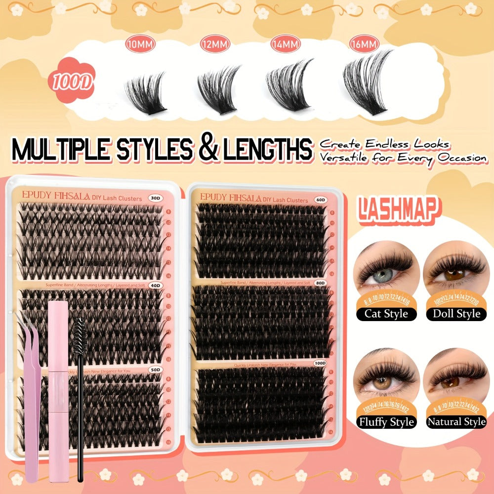 Lash Extension Kit with 708 Clusters in 8-16mm Mixed Lengths and 30D-100D Densities, Glue, Tweezers and Brush — image 6