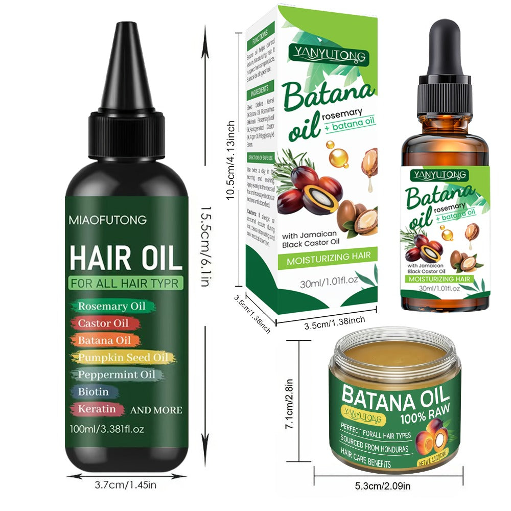 Biotin Hair Oil 3-Piece Set with Cold-Pressed Bataina Oil Essential Oil & Conditioner, Strengthens Breakage Split Ends Enhanc