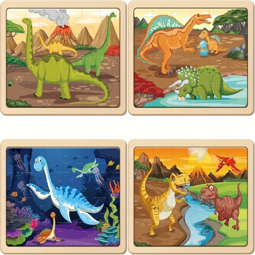 Dinosaur Puzzle Set for Kids Ages 3-8 Wooden 4-in-1 Jigsaw with 24 Pieces Each, Colorful Preschool Educational Toy for Boys &