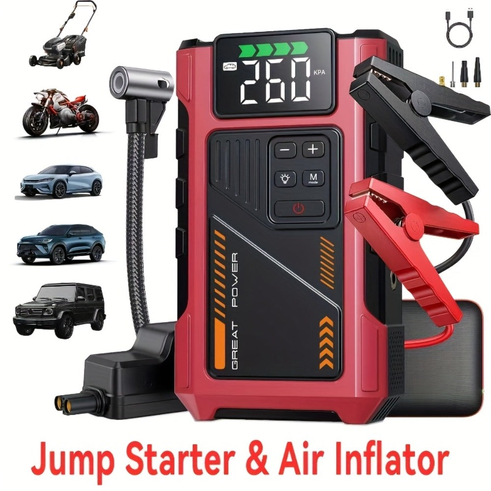 12V Jump Starter with 4000A Marking, 150 PSI-Labeled Air Compressor, Digital Pressure Display and Two Black Color Options — i