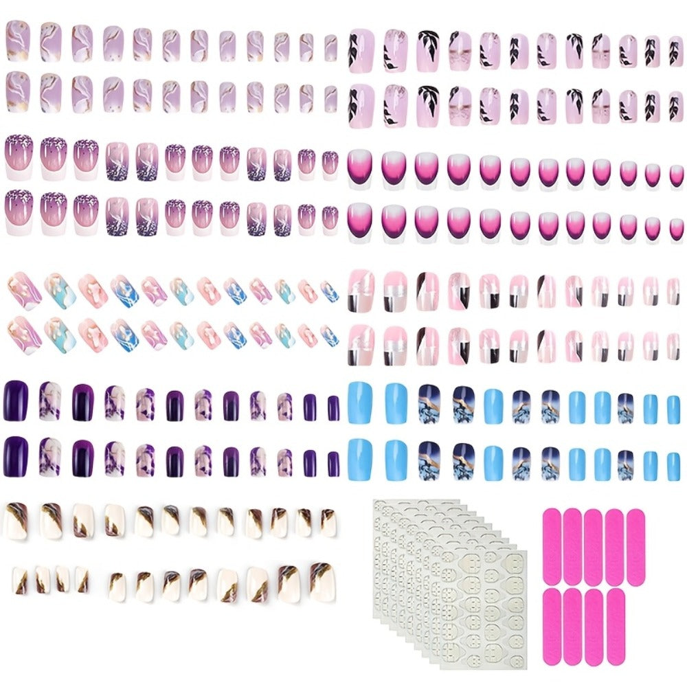 Press On Nails 216-Piece Medium Square Set with Ombre Gradient, White French-Tip and Marble Designs — image 2