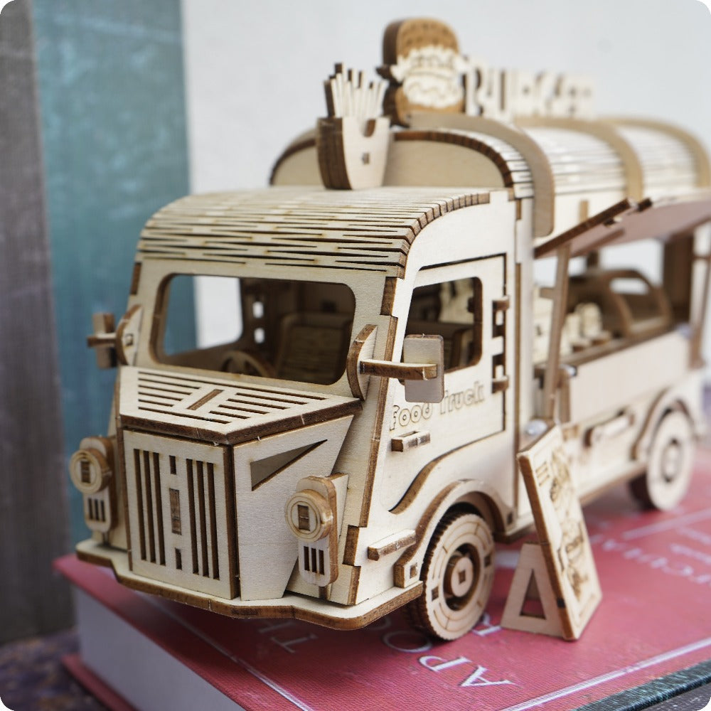 Wooden Food Truck 3D Puzzle Model Kit with Burger Stand Body, Miniature Tables and Pictured 21.5 cm Length — image 3