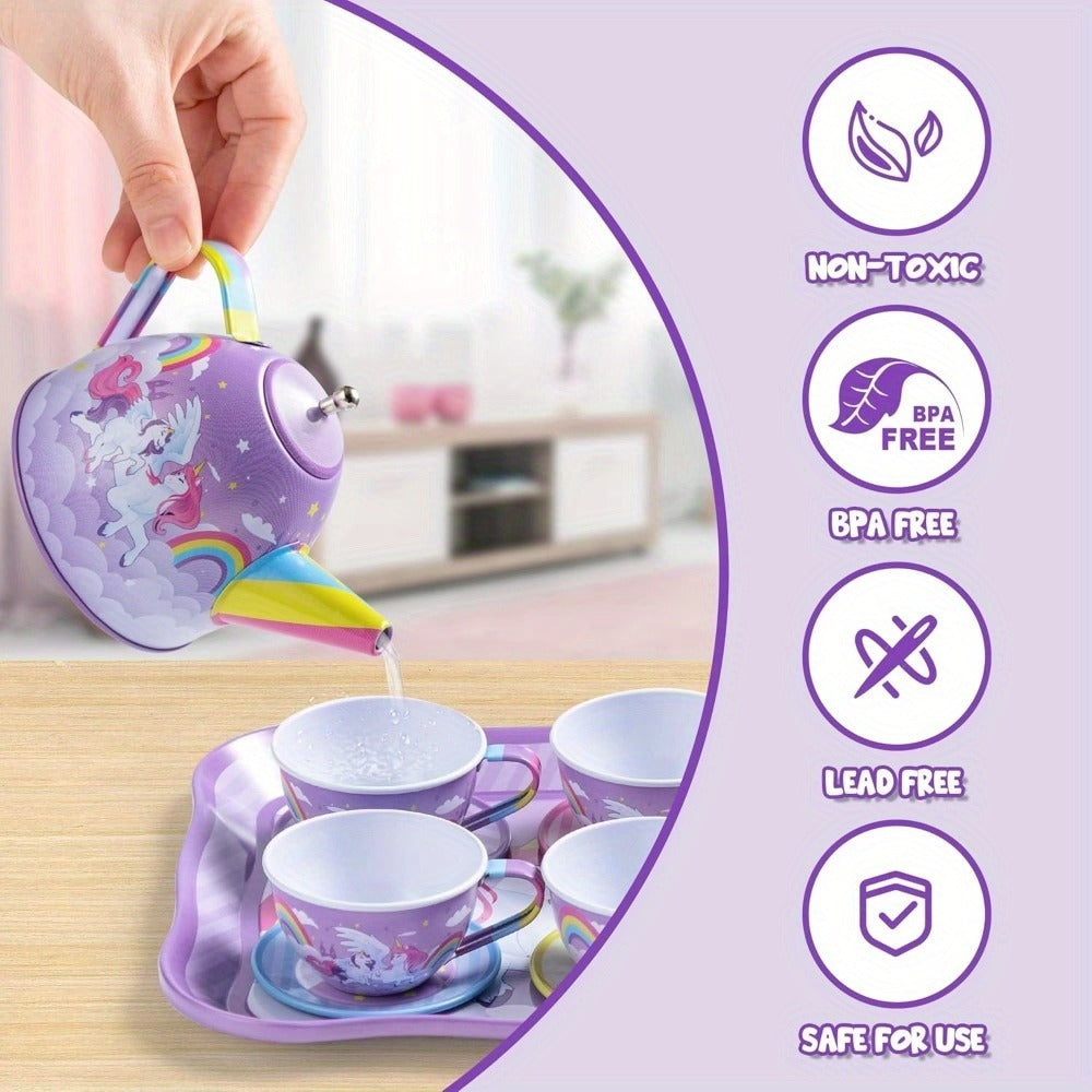 Purple Unicorn Tin Tea Set in Carry Case with Teapot, Four Cups, Four Saucers and Five Plates — image 10