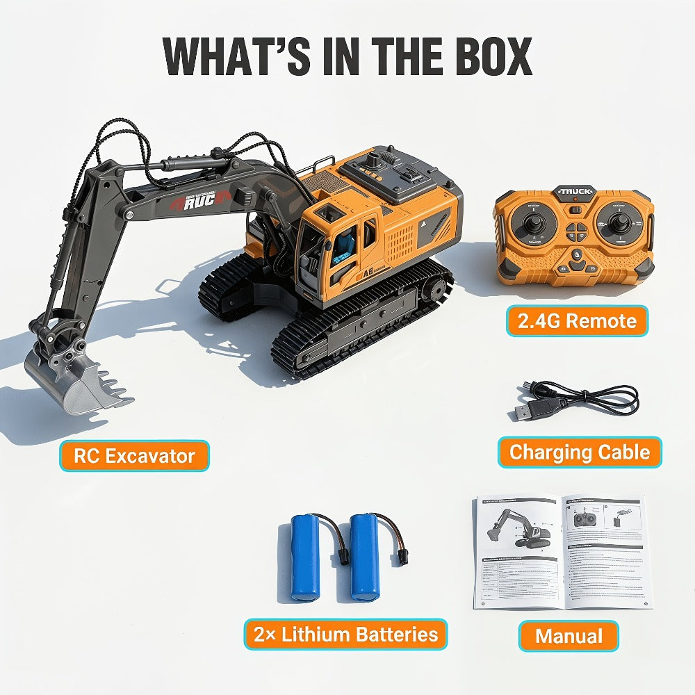 RC Excavator Toy for Kids Track Type 2.4GHz, 1200mAh Rechargeable Remote Control Construction Truck with Metal Shovel & LED L