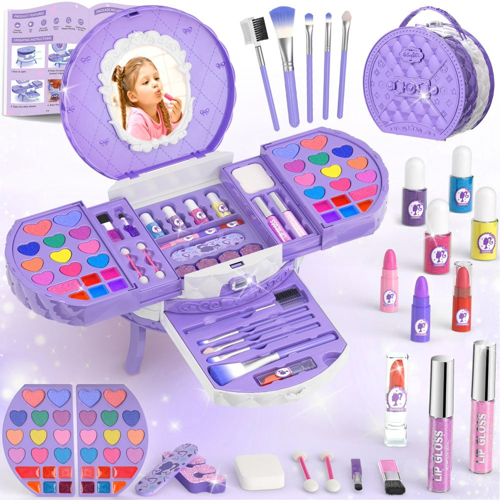 Kids Makeup Kit for Girls, Safe Princess Dress Up Play Set with Real Cosmetics, Purple, Birthday Christmas Gift for Girls Age
