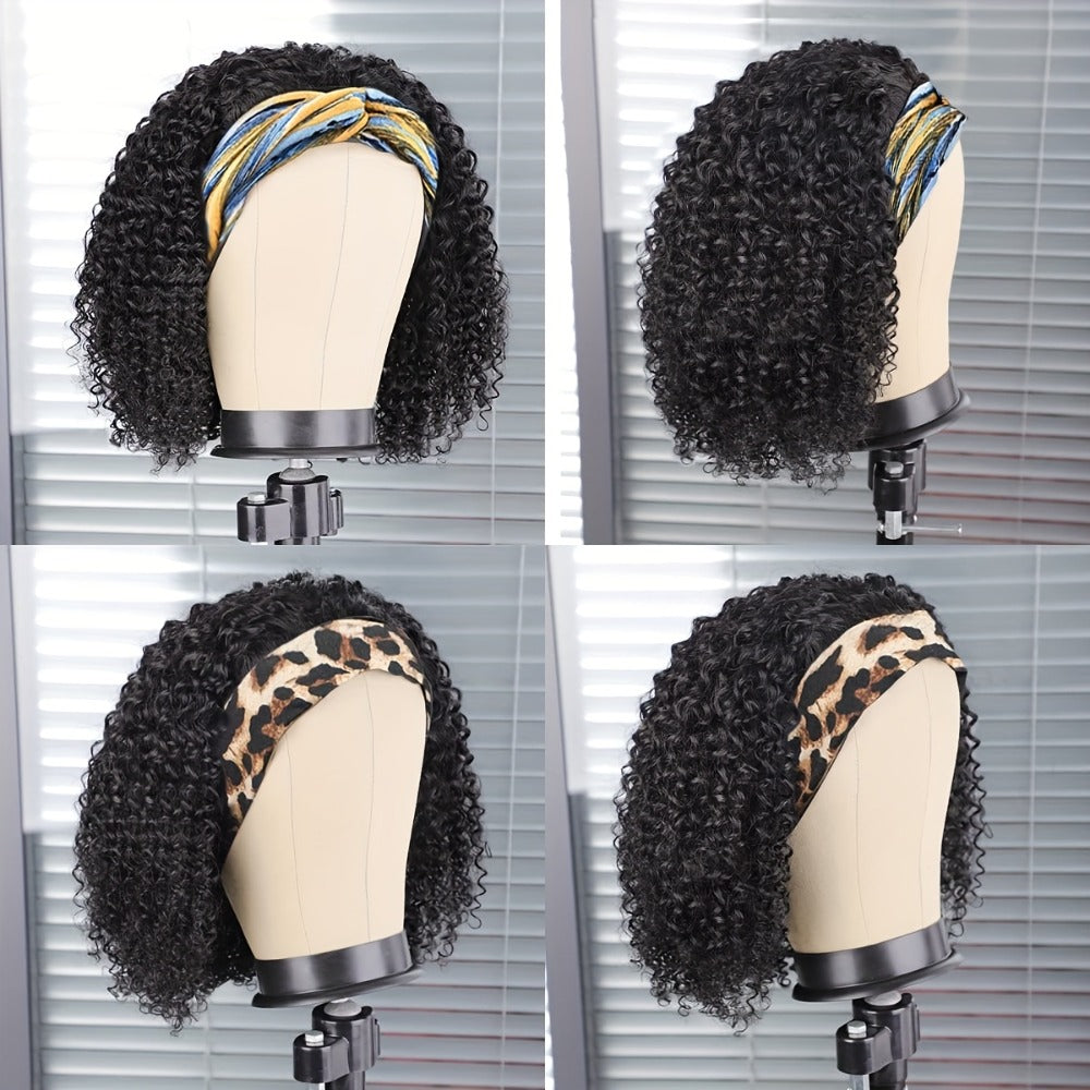Headband Wig Human Hair Short Curly Pixie 14 Inch No Glue No Lace Glueless Wear and Go Natural, for Home, Travel and Salon Ha