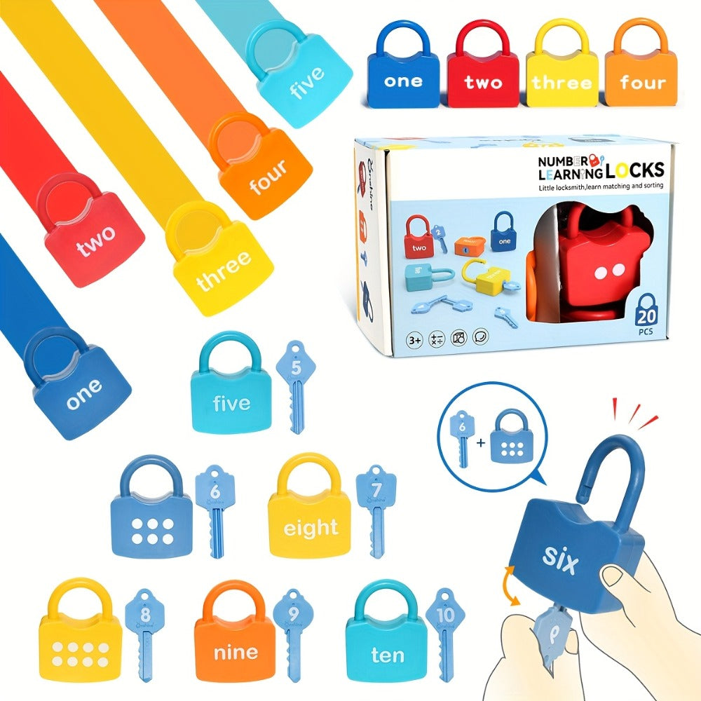 Preschool Math Lock and Key Counting Toy 10 Sets – Number Recognition Manipulative for Kids Ages 3-5, Color-Coded Kindergarte
