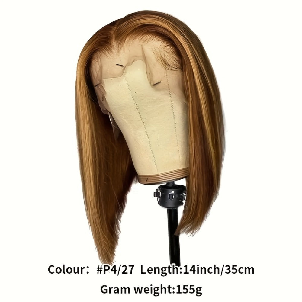 Lace Front Wig P4/27 Honey-Highlight Straight Bob, 8-14 Inch Human Hair with 5x1 Front and 180% Density — image 7