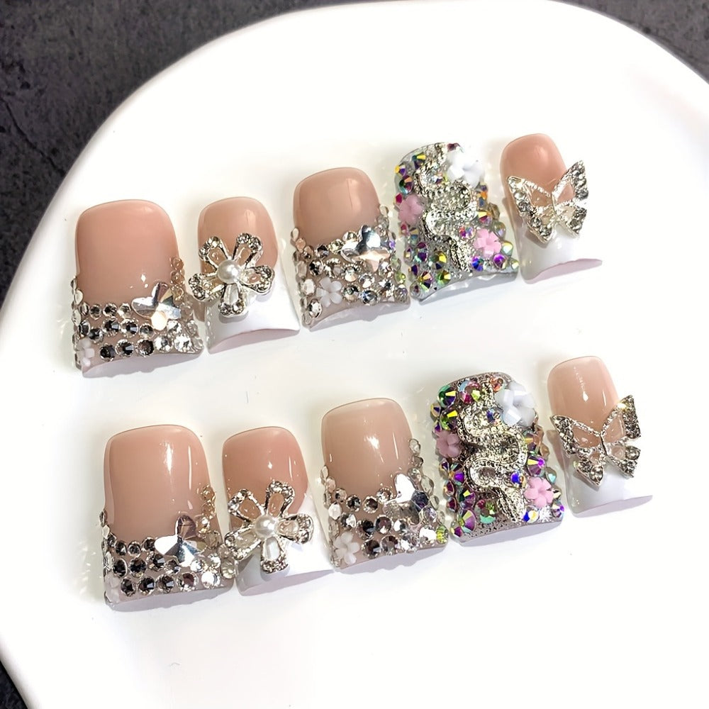 Press On Nails 10-Piece Duckbill Acrylic Set with White French, Floral and AB Shimmer Designs in S, M or L — image 3