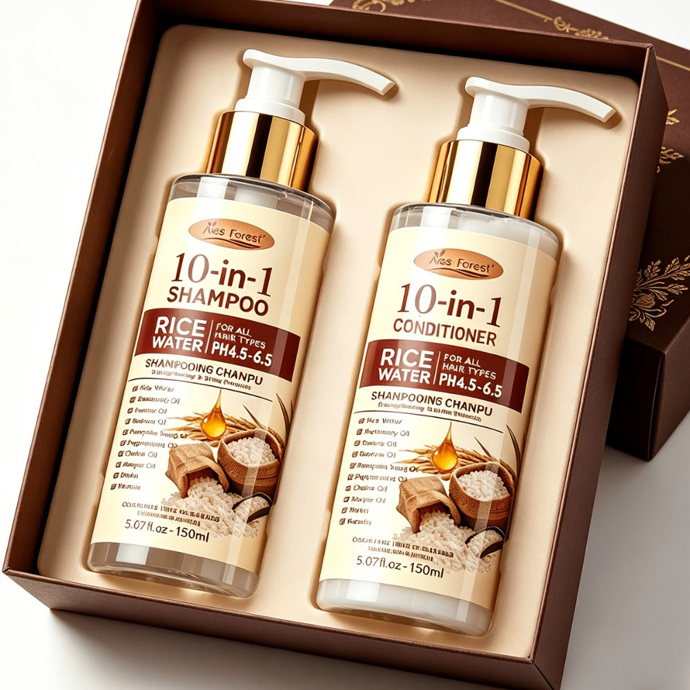 Rice Water 10-in-1-Labeled Shampoo and Conditioner Duo in 150mL Pump Bottles with White-and-Gold Packaging — image 1