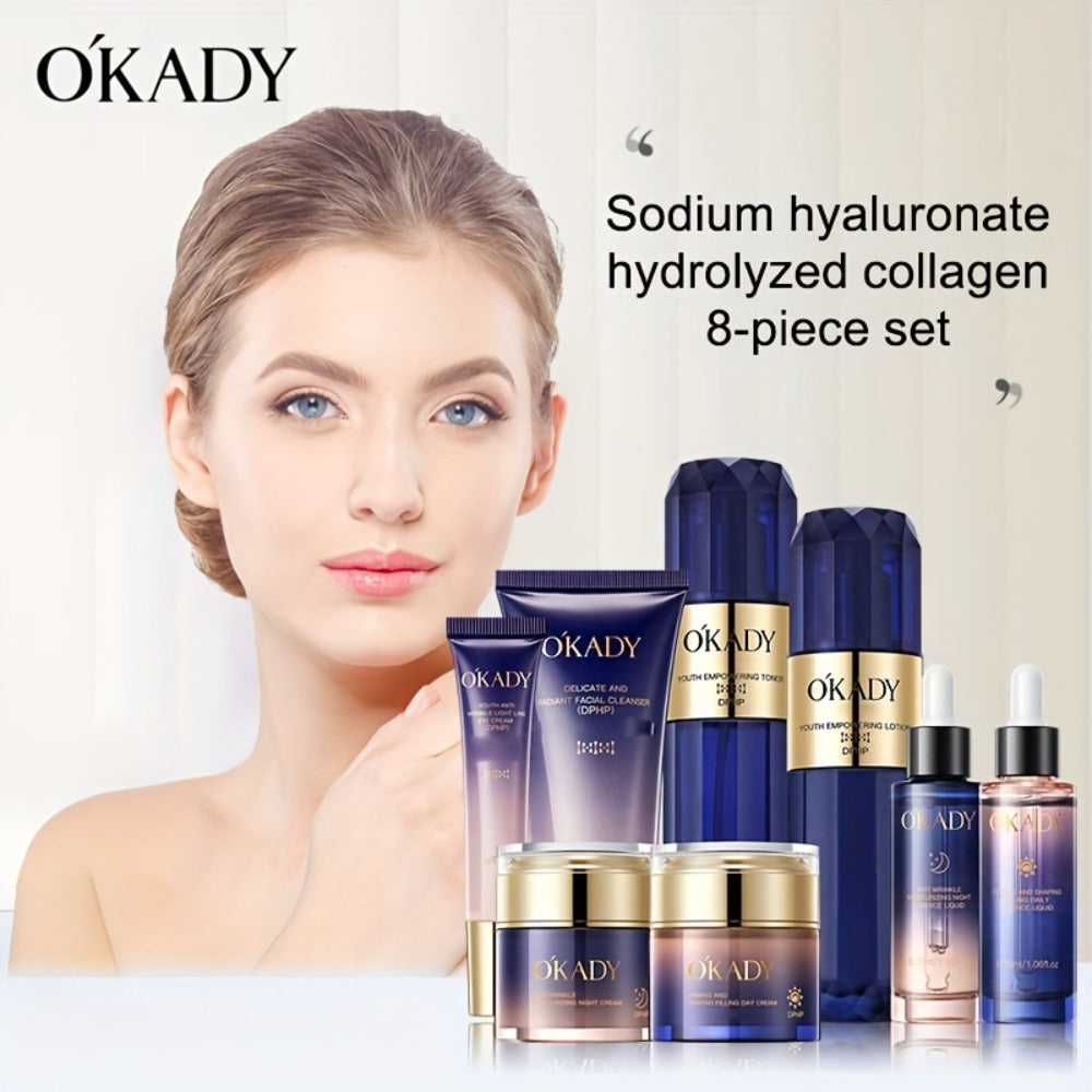 Skincare Set with OKADY Label, 8 Collagen and Hyaluronic Acid Product Items in Blue Gold Gift Box — image 5