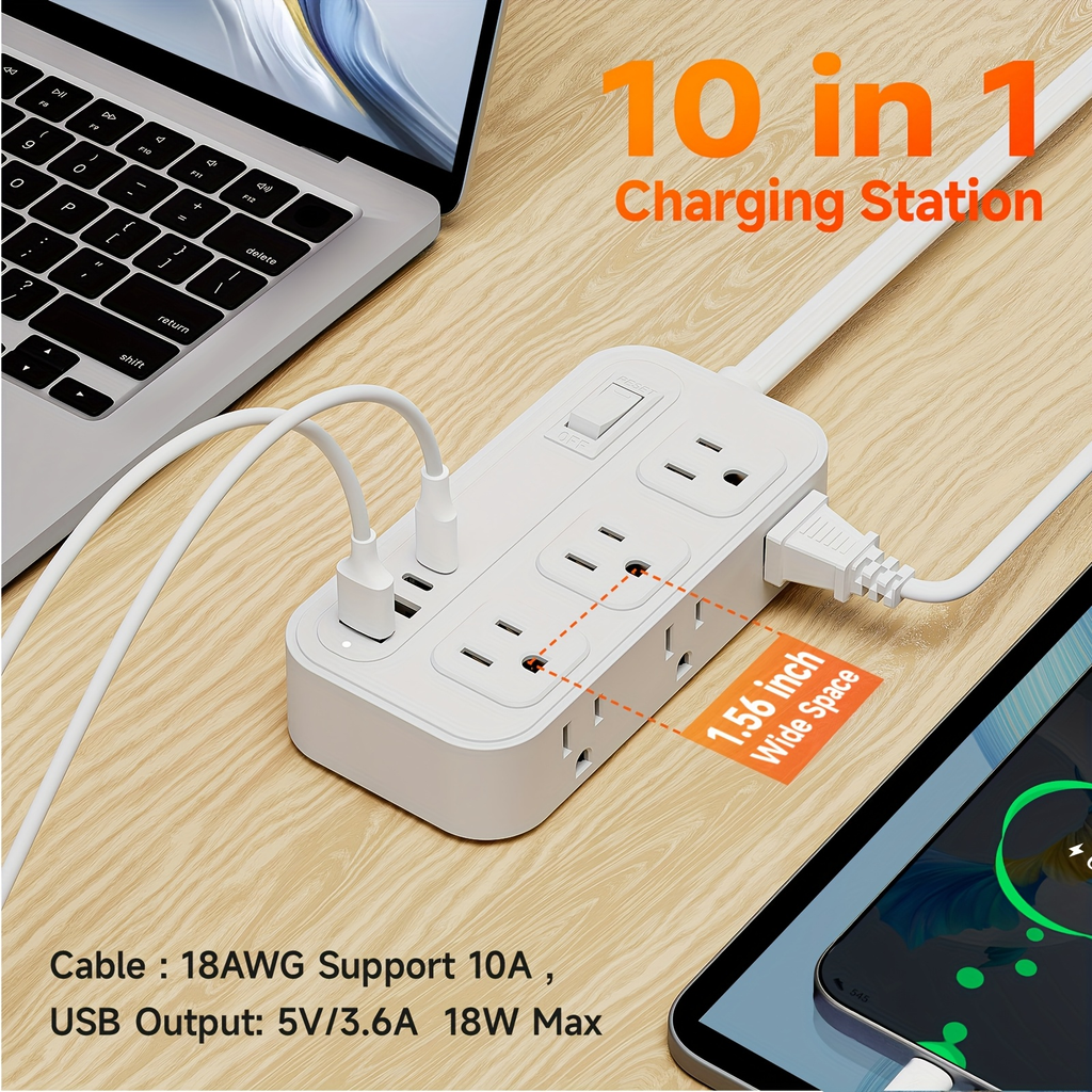 Power Strip Flat Plug with 6 AC Outlets, 2 USB-A, 2 USB-C and 3-Inch, 5-Foot or 10-Foot Cord Options — image 9