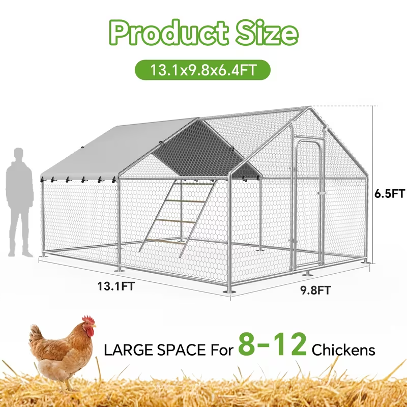 Dog Kennel Outdoor Large Metal Walk-in Chicken Run Pen Poultry Cage with Anti-UV Cover Movable Rack for Garden, Patio and Yar