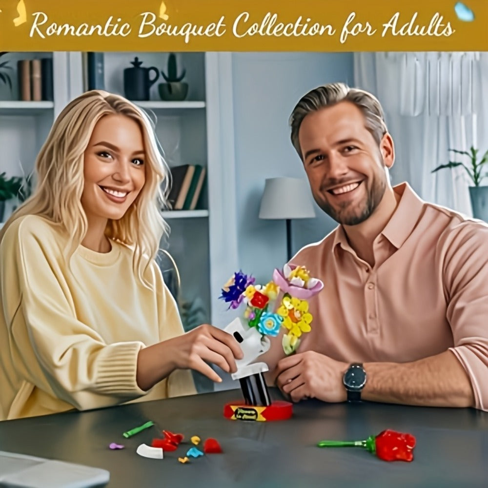 DIY Flower Bouquet Building Blocks Set with Display Stand – Multicolor Brick Flower Maker Home Decor Never Wilts Mother's Day