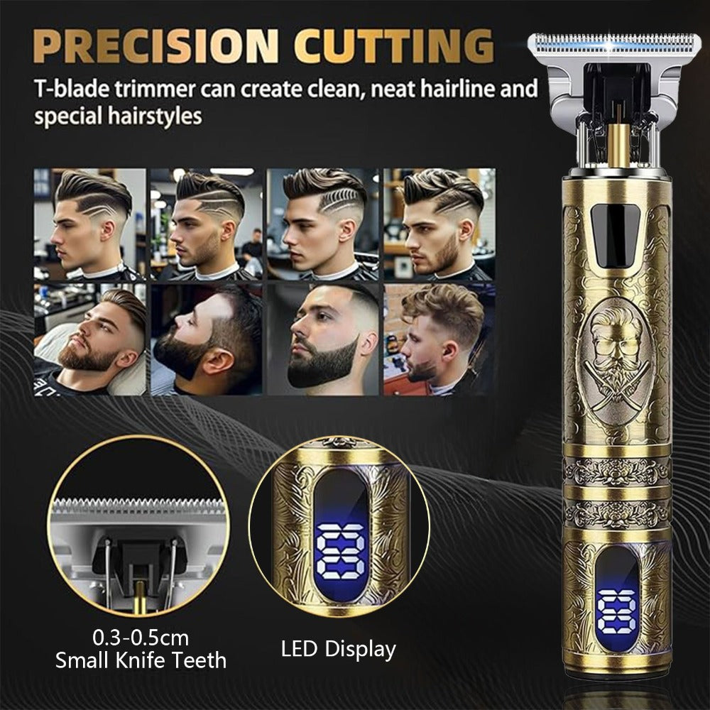 Hair Clippers & Trimmers Vintage Gold T-Blade Model with LCD Display, USB Charging and Three Etched Designs — image 11