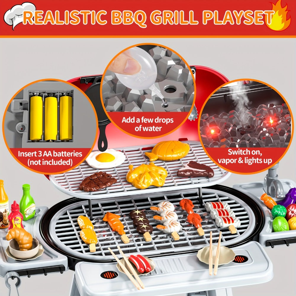 Kids BBQ Grill Playset Two-Tier for Grilling, Camping and Outdoor Meals with Toy Food Meats Fruits Spices & Working Water Tap