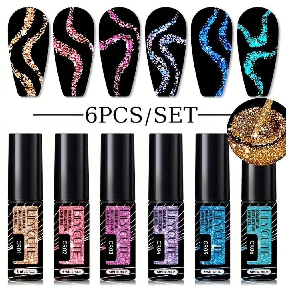 Reflective Liner Nail Art Gel Six-Bottle Set with 5ml CR01 to CR06 Colors and Slim Brushes for Detail Lines — image 1