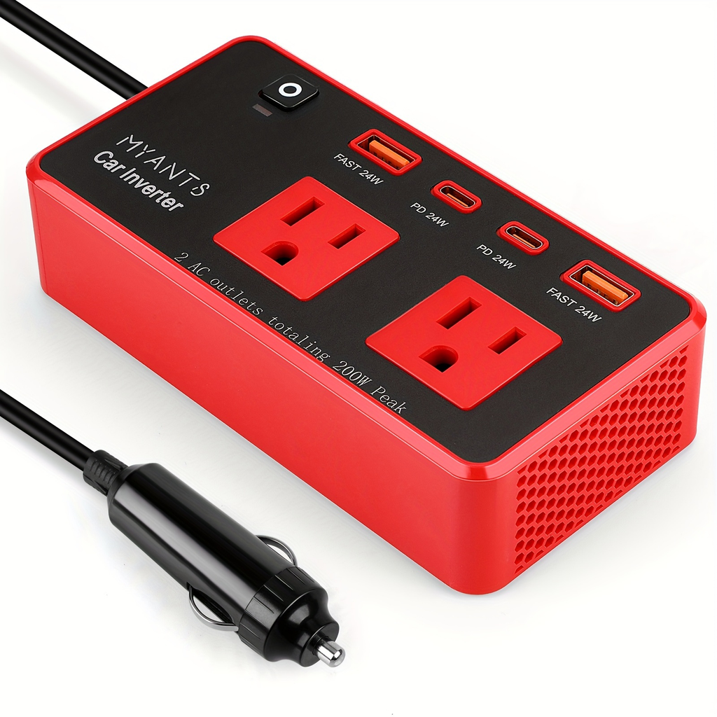 Red 200W Car Power Inverter with Two AC Outlets, USB-A and USB-C Ports, Switch and 12V Plug — image 4