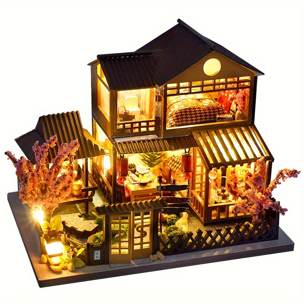 DIY Miniature House Kit, Sakura Garden Villa Wooden Dollhouse with Full Furniture & Accessories, Japanese Cherry Blossom Styl