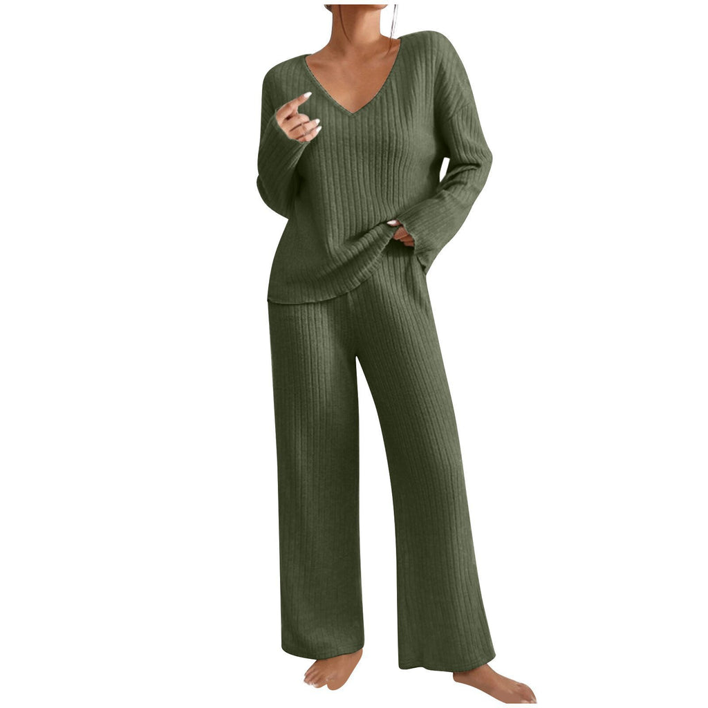 Long Sleeve V-neck Knitted Sunken Stripe Brushed Loose Leisure Suit