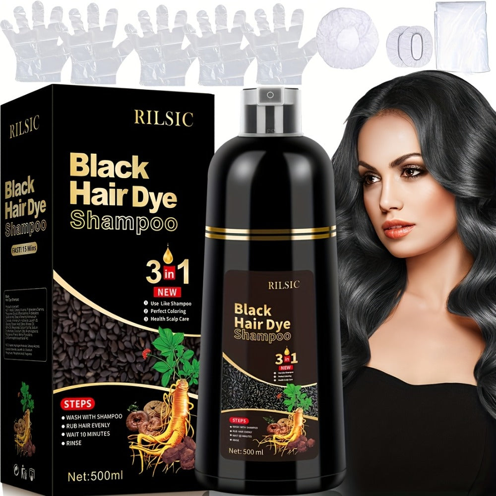 Hair Dye Shampoo, RILSIC 500ml Black 3-in-1 Single Bottle with Pump Dispenser for At-Home Color Application — image 3