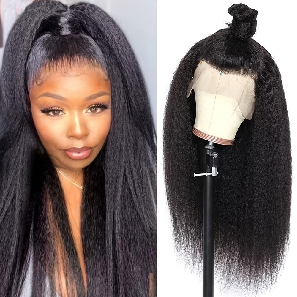 Synthetic Wig 26-Inch Black Kinky-Straight Yaki with HD Lace Front, Glueless Cap and with Item-Specific Color, Length, Textur