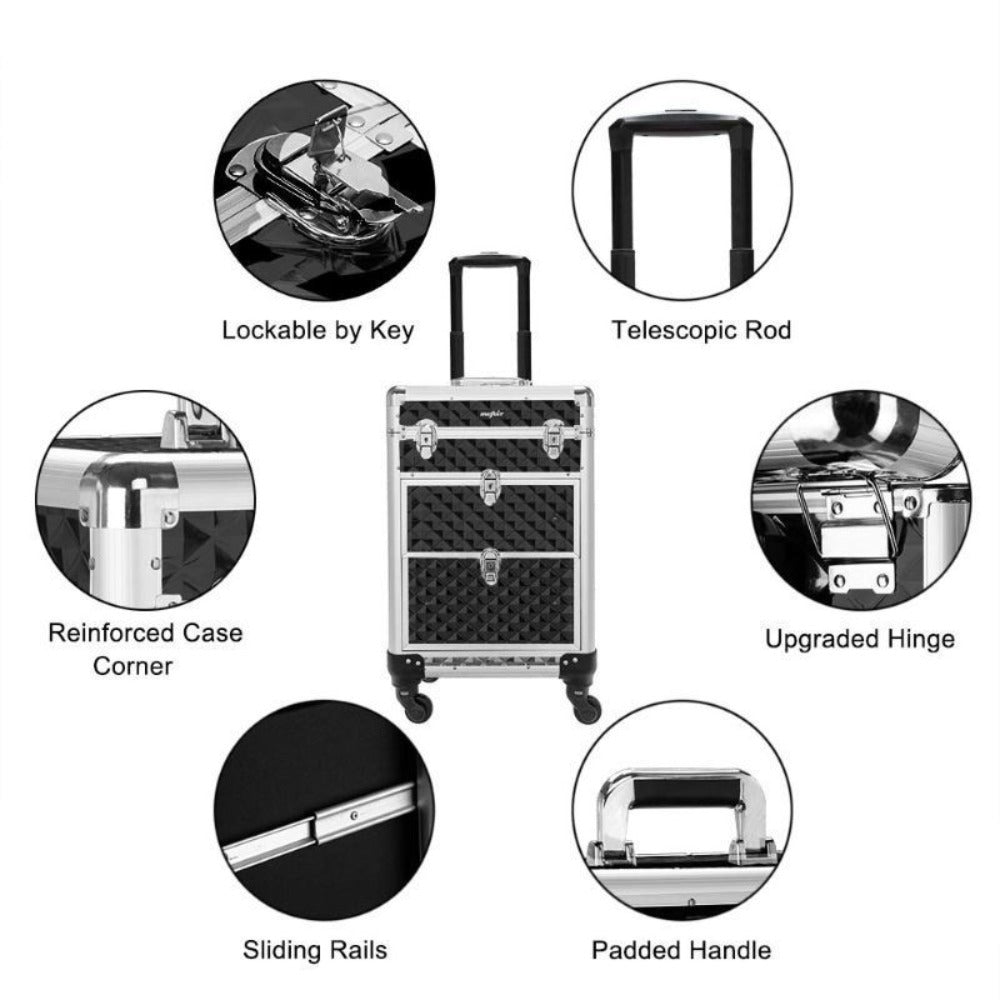Black Rolling Makeup Train Case with Four Wheels, Telescoping Handle, Three Top Trays and Two Drawers — image 5