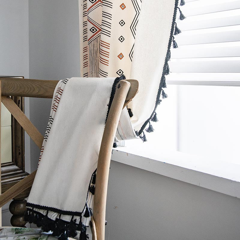 Boho Cream Cotton And Linen Print Sun Shade Non-punched Curtain Fabric